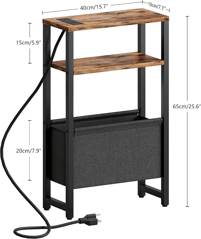 Narrow Side Table with Charging Station Slim End Table Sofa with Magazine Rack - Image 3