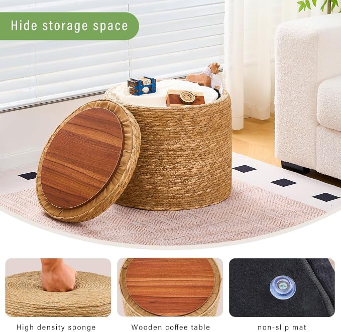 Wimarsbon Round Pouf Ottomans, Handwoven Natural Water Hyacinth Seagrass Pouffe - Image 6