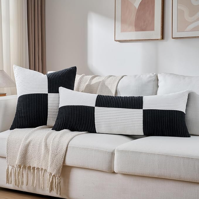 Fancy Homi Set of 2 Black White Lumbar Decorative Throw Pillow Covers 12x20 Inch - Image 5