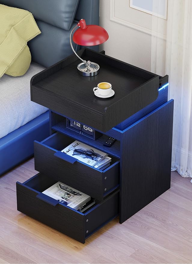 Turosur LED Night Stand with Gun Drawer, Smart Nightstand with Hidden Charging - Image 2