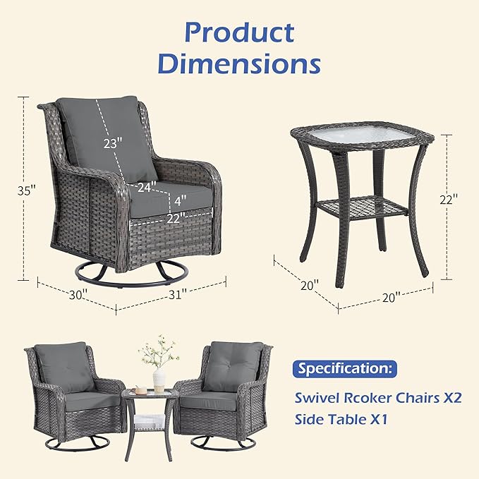 Wumiokio Patio Furniture Sets, 3 Pieces Wicker Outdoor Furniture - Image 3