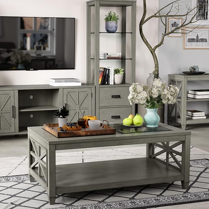 Solid Wood Coffee Table with Tempered Glass Top, 2-Tier 45.5" X 26" Farmhouse - Image 5