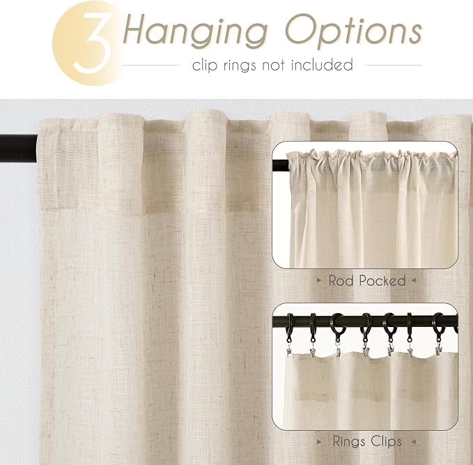 Apricot Linen Curtain 102 inch Length 2 Panels Set Back Tab Light Filtering - Image 2