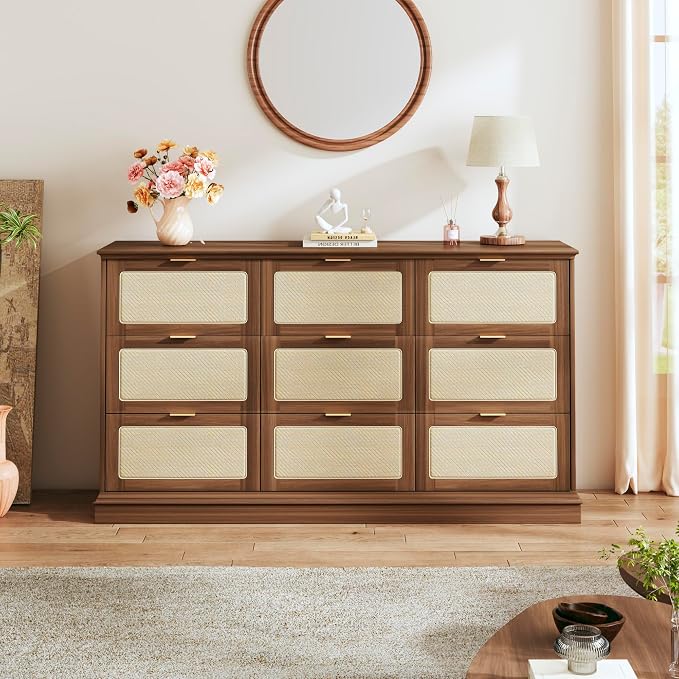 HUAHUU 9 Drawer Dresser for Bedroom, 60 Inch Long Dressers & Rattan Chest of - Image 8