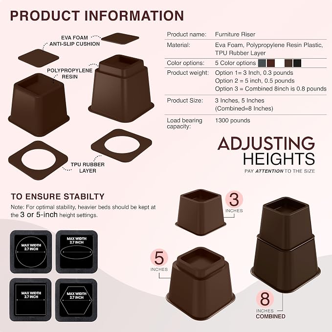 Utopia Bedding Bed Riser, 3 & 5 Inches Adjustable Furniture Risers - Image 5