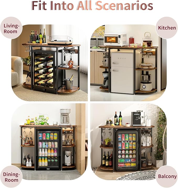 Mini Fridge Cabinet Stand with Power Outlet and Led Light, Coffee Bar Cabinet - Image 9