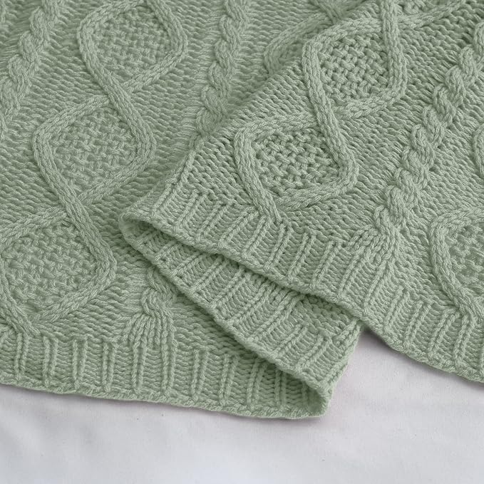 Homiest Cable Knit Throw Blanket and Pillow Set, Sage Green Set of 3, Knitted - Image 8