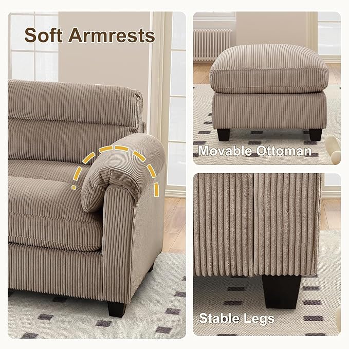 HAOMARKETS Corduroy 3-Piece Sofa Set, Upholstered Ottoman and Accent Chair Sofa - Image 5
