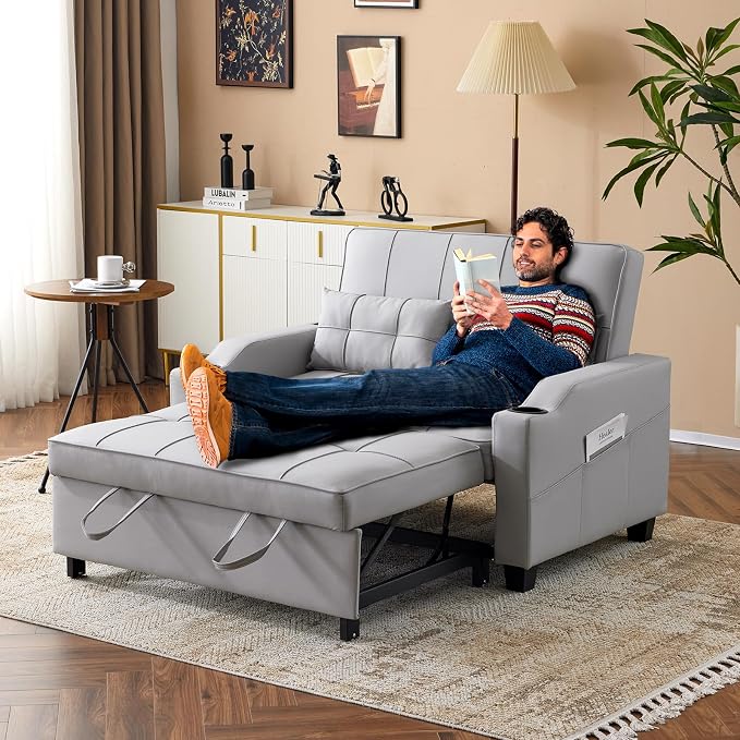 VINGLI Convertible Loveseat Sleeper Sofa, Light Grey Faux Leather Futon Sofa - Image 2