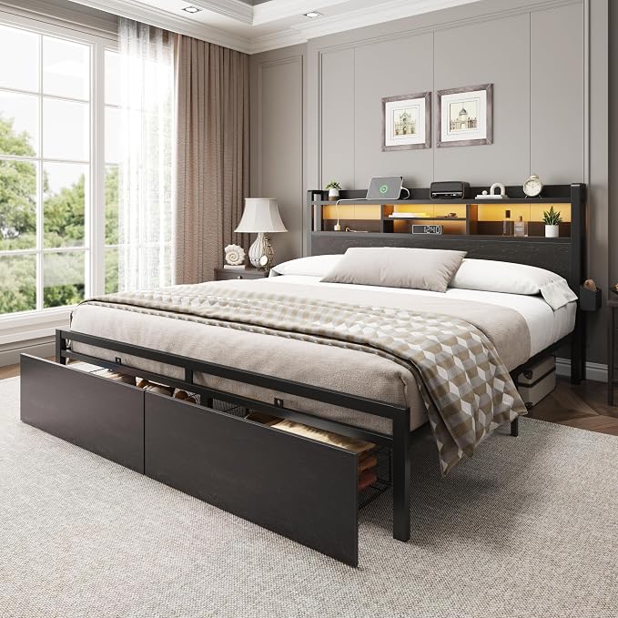 Furnulem King Bed Frame with Wood Headboard & Storage Drawers, Metal Platform - Image 7