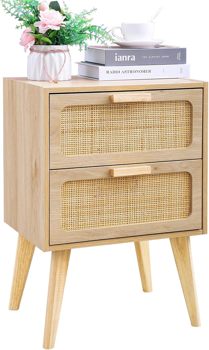 YAUKOMEL Rattan Nightstand, Wood End Table, Side Table by YAUKOMEL