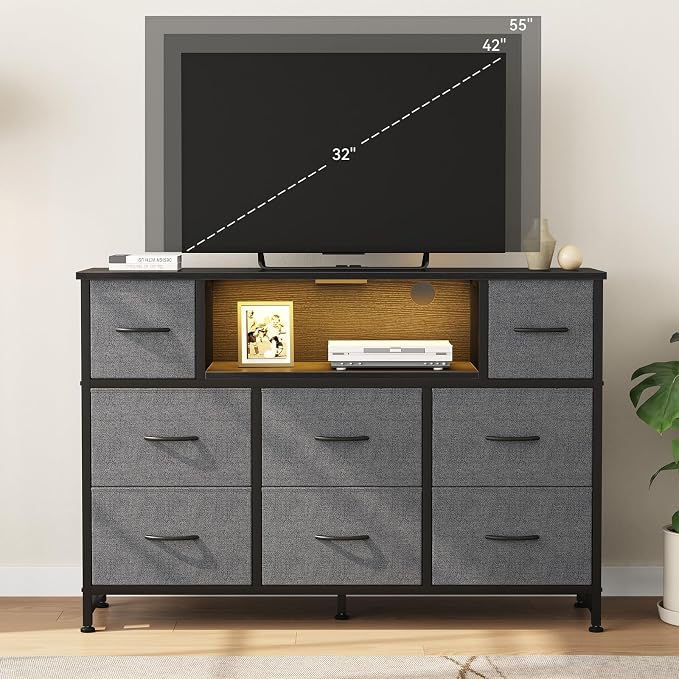 DUMOS TV Stand Dresser with 8 Fabric Drawers and Open Shelves, LED - Image 8