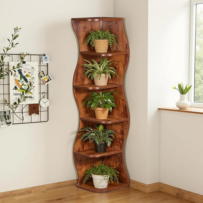 VECELO Wavy Corner Shelf with LED Light, Decorative 6-Tier Corner Display - Image 6