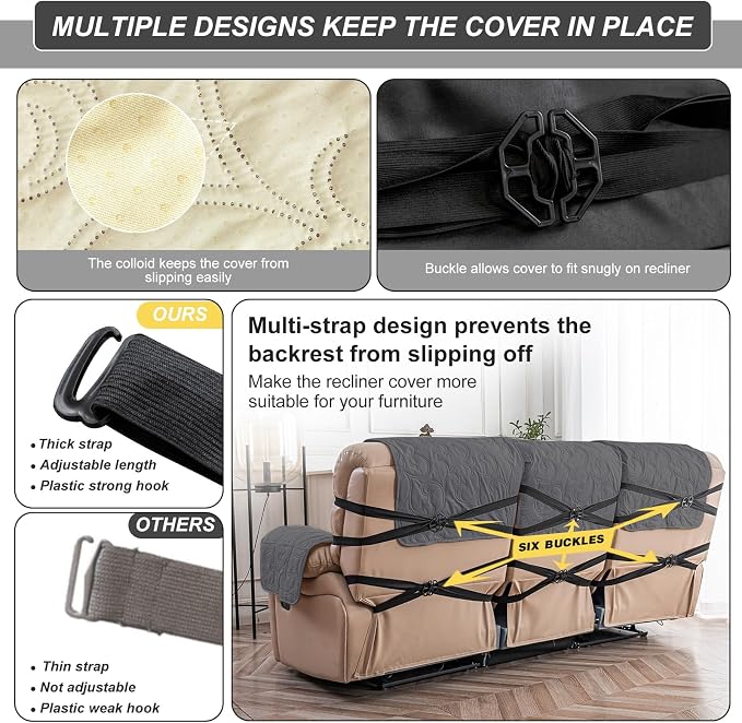 100% Waterproof Recliner Sofa Covers 3 Seater, 6-Piece Split Non-Slip Reclining - Image 5