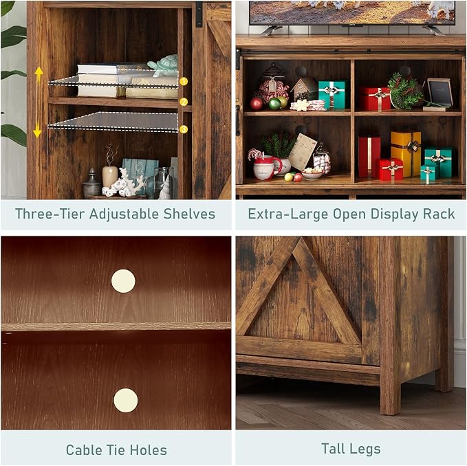 70" Farmhouse TV Stands for 70 75 80inch TV w/Adjustable Shelves, Sliding Barn - Image 6