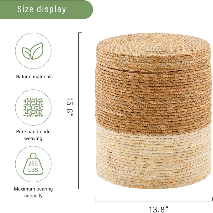 Wimarsbon Round Pouf Ottomans, Handwoven Natural Water Hyacinth Seagrass Pouffe - Image 3