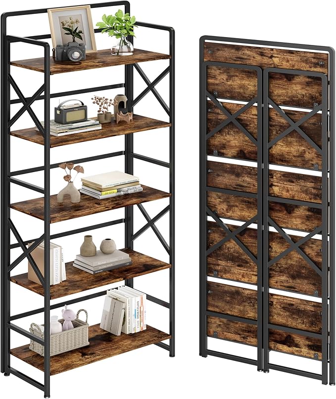 No Assembly Folding Bookshelf, 5 Tiers Vintage Wood Collapsible Book Shelf by THKKYHomeOfficeFurniture