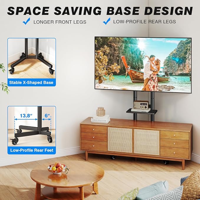 Rolling TV Stand with Shelf for 32-85 inch TVs up to 150lbs, Portable Mobile TV - Image 5
