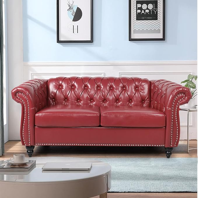 LEVNARY Leather Sofa, Chesterfield Tufted Upholstered 2 Seater Couch, Modern by LEVNARY