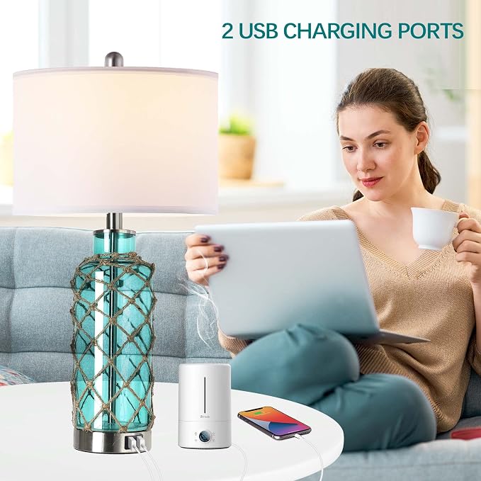 Cottage Nautical Accent Table Lamp Set of 2, Touch Control Coastal Blue Green - Image 4
