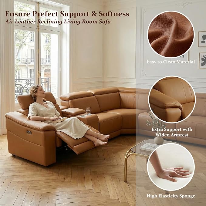 Power Recliner Sectional Sofa, L-Shaped Living Room Furniture Set, Light Brown - Image 3