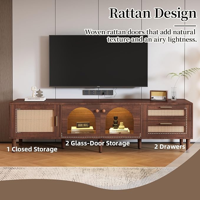 Merax Rattan TV Stand with LED Lights, Solid Wood Feet, Living Room, Bedroom - Image 3
