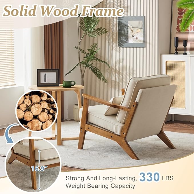 VINGLI Solid Wood Wide Armrests Accent Chair Set of 2, Upholstered Mid Century - Image 4