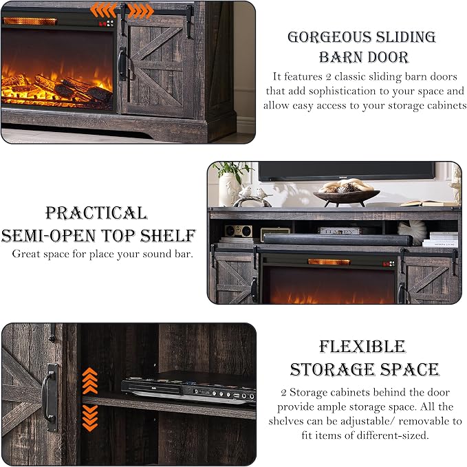 OKD Fireplace TV Stand for 80 Inch TV, Rustic Media Console w/Sliding Barn Door - Image 5