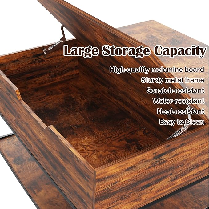 Farmhouse Coffee Table with Hidden Storage 32 in, Square Wood Living Room - Image 7