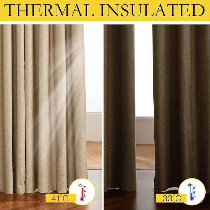 NICETOWN Camel High-End Thermal Flax Linen Curtains, Full Blackout Privacy - Image 3