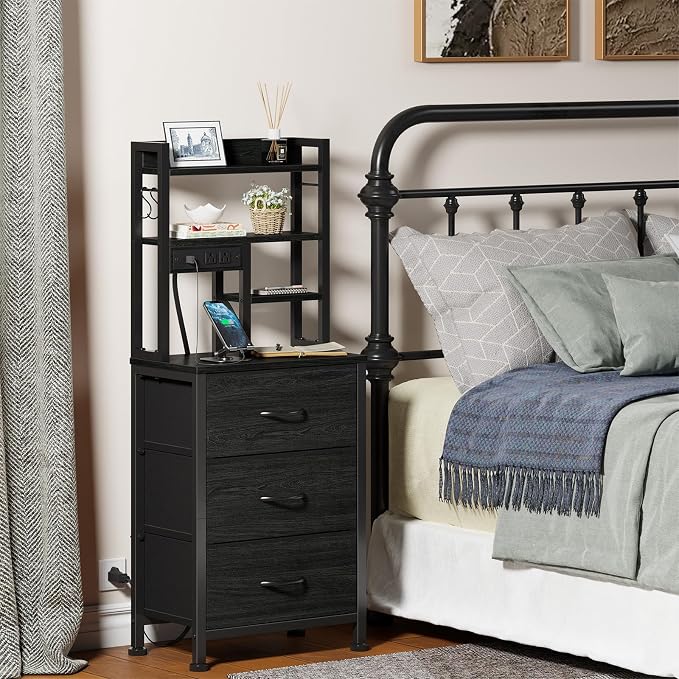 Furnulem Tall Night Stand with 3 Fabric Drawers and LED Lights, Nightstand with - Image 7