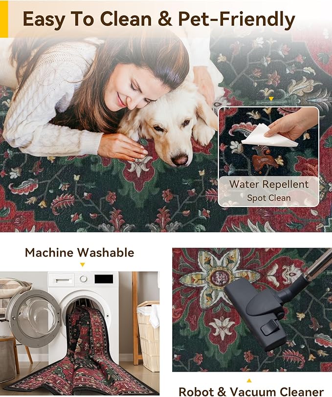 Area Rugs 6'x9' Washable Non-Slip, Floral Vintage Distress Print Pattern - Image 3