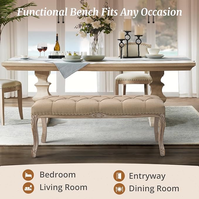 Cozyman Bedroom Bench, French Vintage Tufted Entryway Bench, 45.2" Carving - Image 6