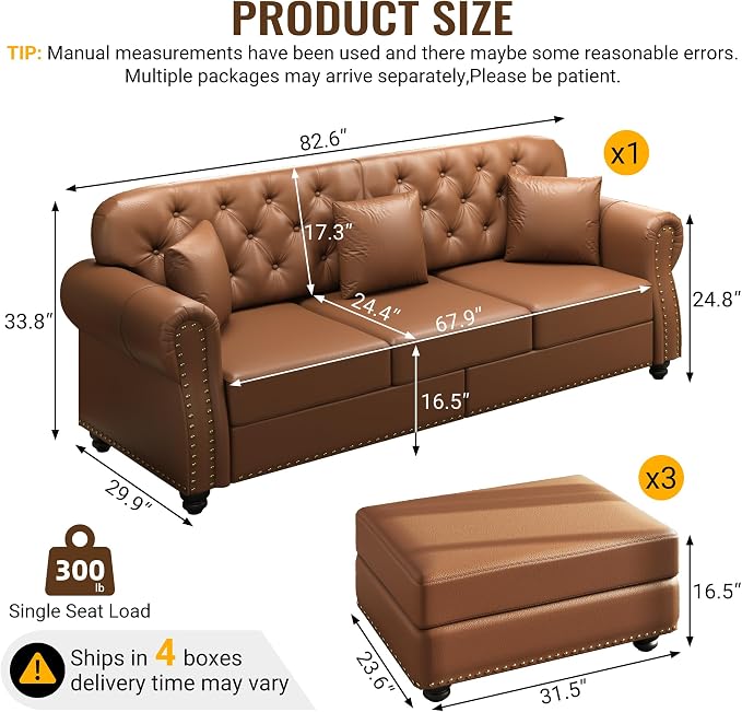 KEIKI 83" Faux Leather Chesterfield Sofa - Image 2