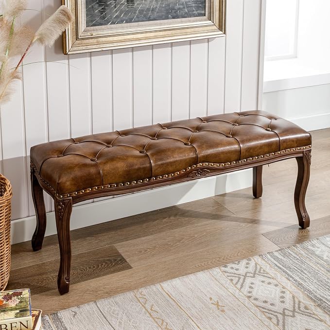 Cozyman Bedroom Bench, French Vintage Tufted Leather Bench, 45.2" Carving - Image 5