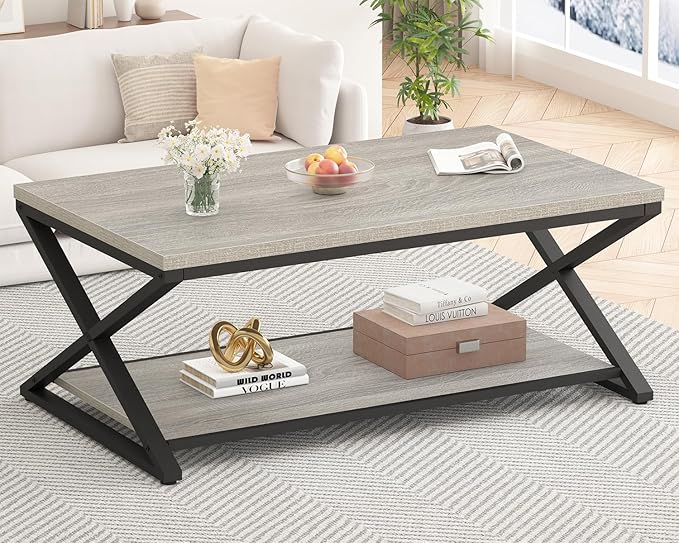HSH Coffee Table with Storage, Farmhouse Grey Living Room Center Table by HOMESWEETHOME