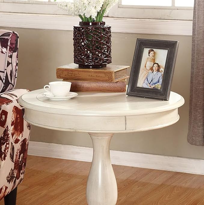 Roundhill Furniture Rene Round Wood Pedestal Side Table, Antique White - Image 3