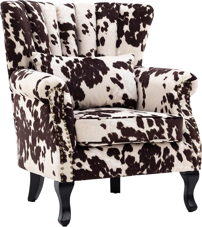 Cow Print Accent Chair Modern Velvet Armchair Tufted Wingback Club Chair Single - Image 4