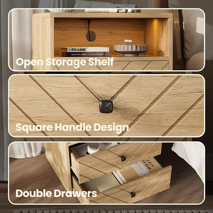Modern Nightstand with Charging Station, LED Bedside Table with 2 Storage - Image 4