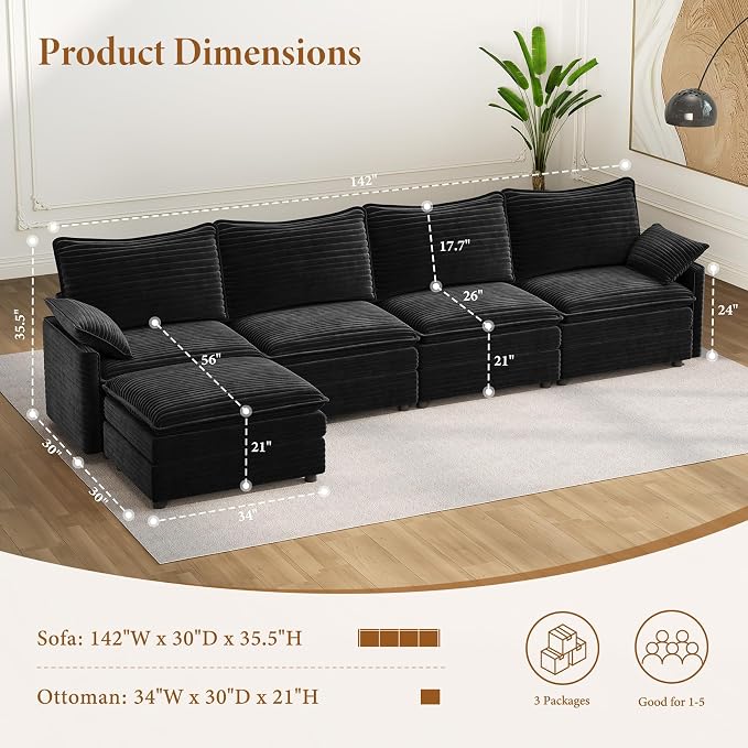 Vesgantti 142" Cloud Couch Sectional Modular Sofa, Comfy Sectional Couch - Image 2