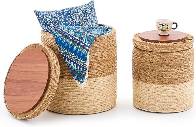 Wimarsbon Round Pouf Ottomans, Handwoven Natural Water Hyacinth Seagrass Pouffe by Wimarsbon