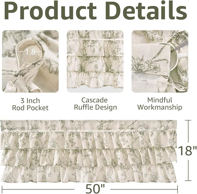 JINCHAN Ruffled Valance Curtain Linen Floral Kitchen Valance - Image 5