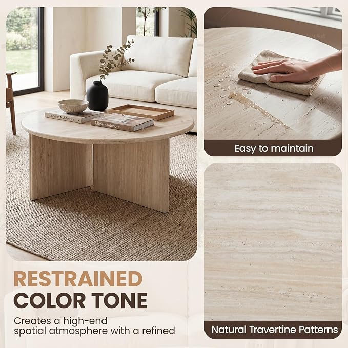 HNY Modern Round Coffee Table Marble Veneer Wood Center Table 31.5" Faux - Image 3