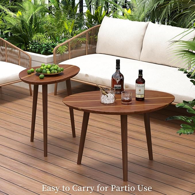 Small Oval Coffee Tables Set, Acacia Wood Nesting Tables（25.6"x17.7"+17.7"x13.4" - Image 8