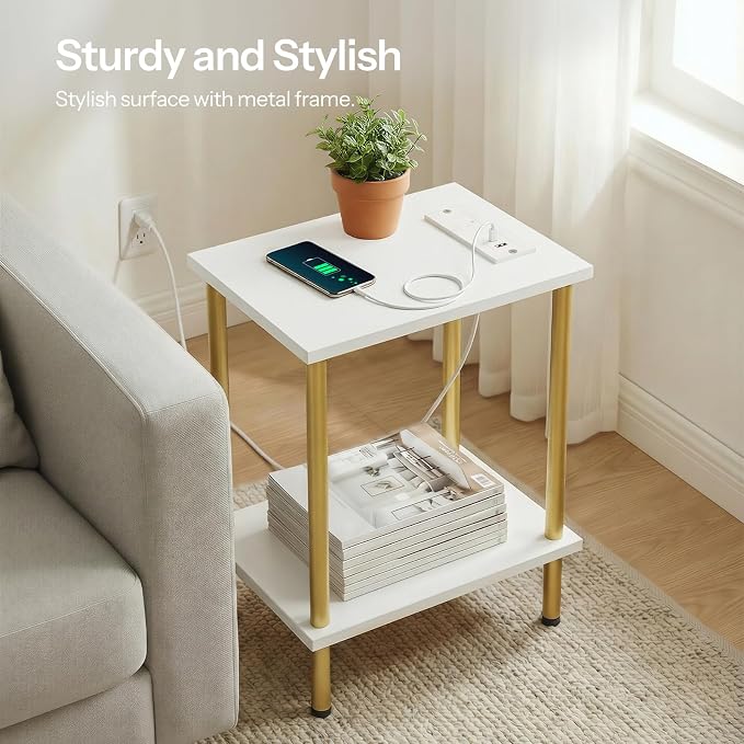 HOOBRO Side Table with Charging Station, Nightstand with 2-Layer Storage Shelves - Image 6