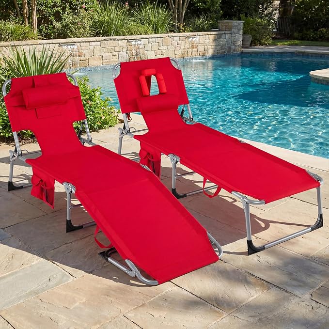Goplus Tanning Chair, Folding Adjustable Patio Lounger w/Face Arm Holes - Image 8