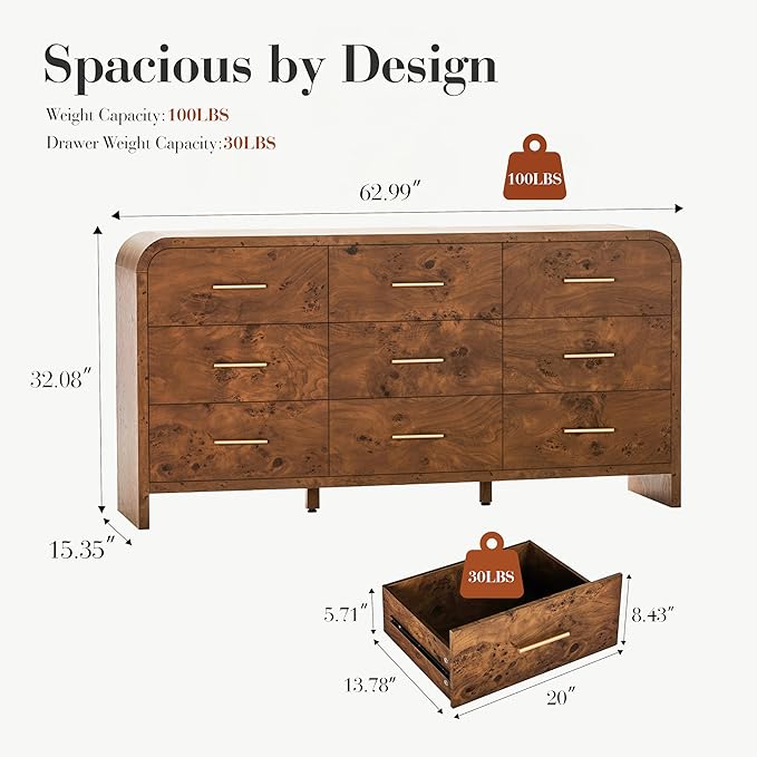 Curved 9-Drawer Dresser for Bedroom, Vanity Desk TV Stand for Living Room - Image 2