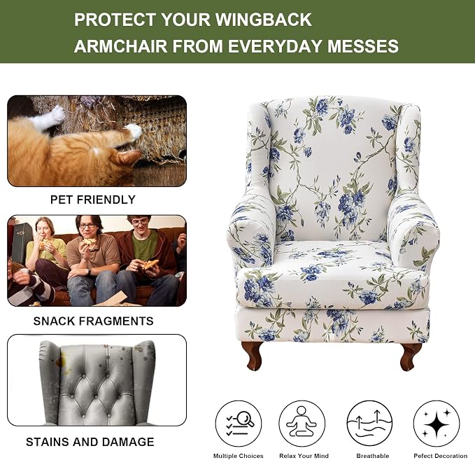 HAOYONG Wing Chair Slipcovers Elastic Printed Wingback Chair Covers 2 Pieces - Image 5