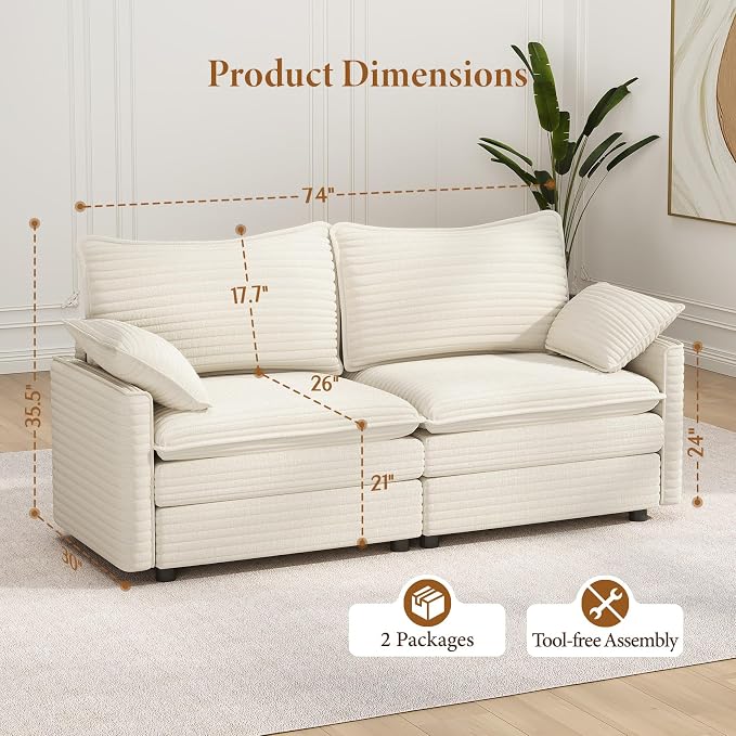 Vesgantti 74" Cloud Couch for Living Room, 2 Seaters Deep Seat Sectional - Image 2