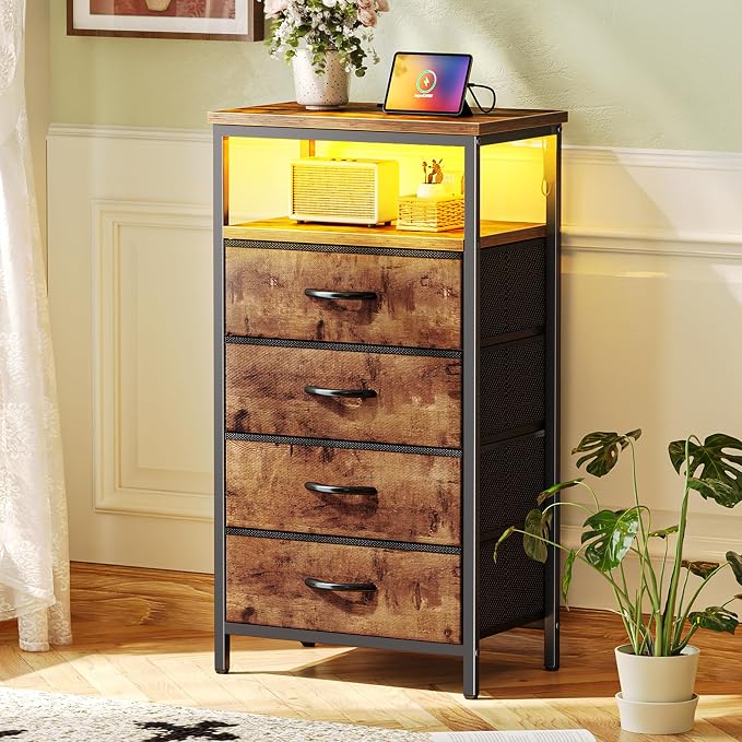 Huuger Night Stand with Charger Station and LED Lights, 4 Drawer Nightstand - Image 2